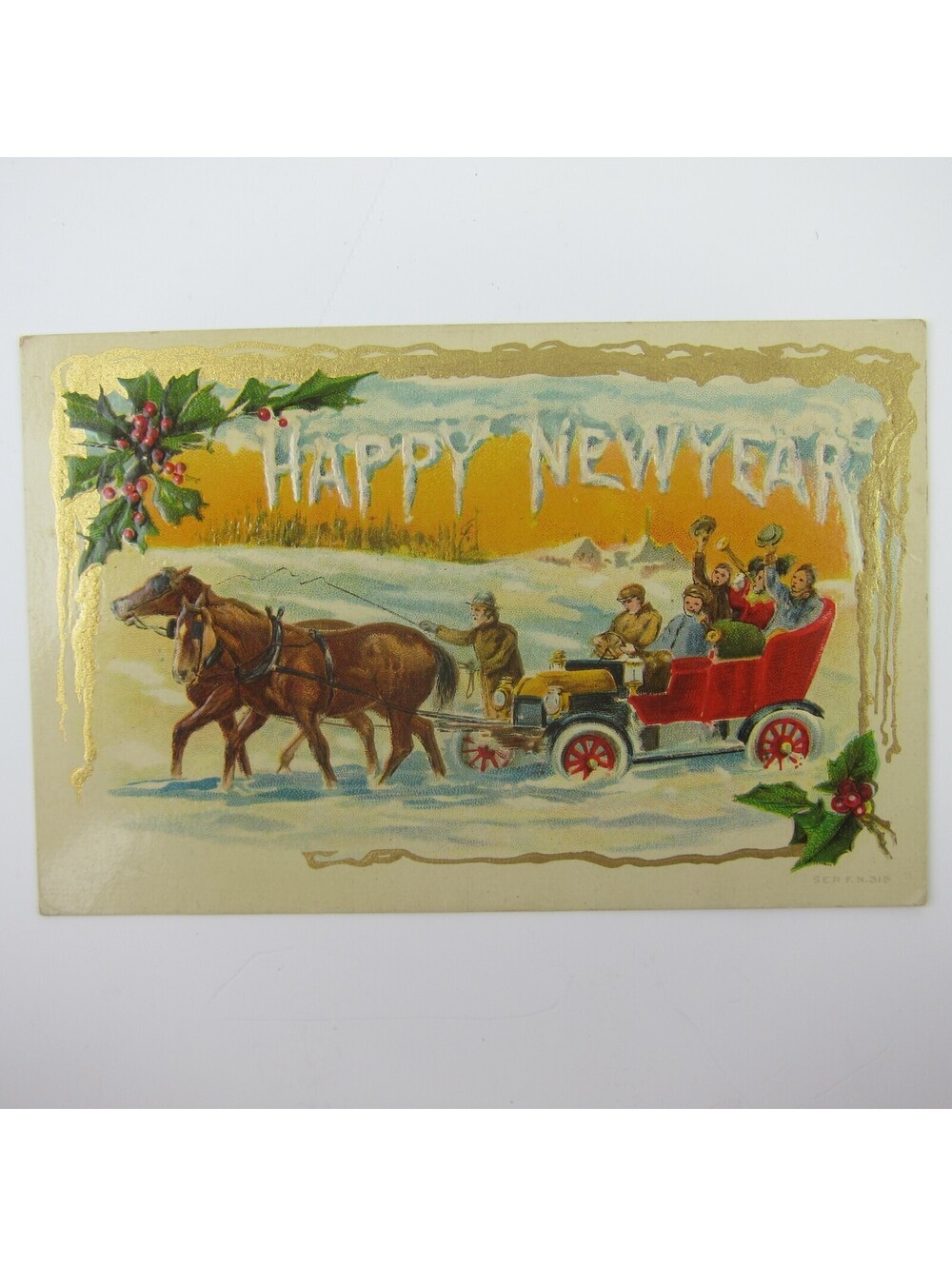 Postcard New Year's Horses Pull Buggy Car People Through Snow Embossed Antique